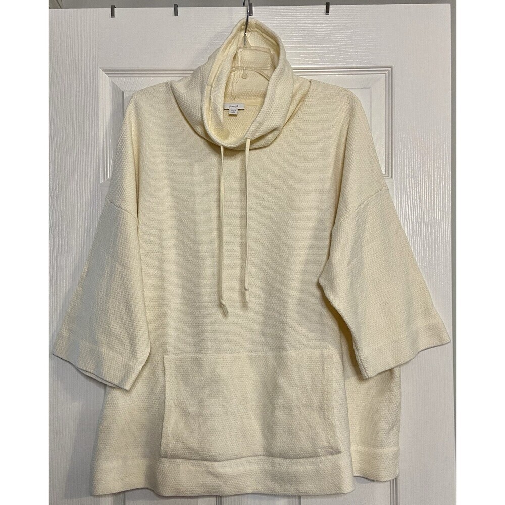 Pure Jill Sweatshirt Womens XL Petite Cream Drawstring Cowl Neck Pocket